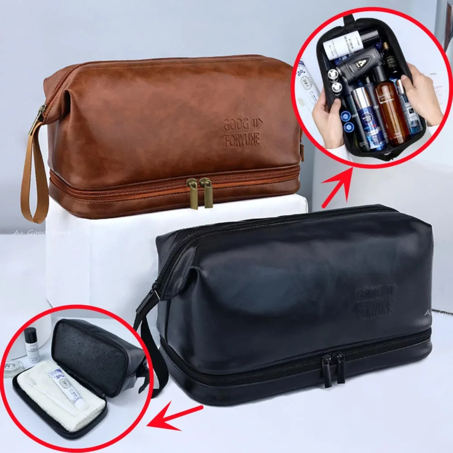 Portable Large Capacity Double Layer PU Leather Makeup Travel Organizer Cosmetics Kit for Women Men - Wash Bag Included Mirror