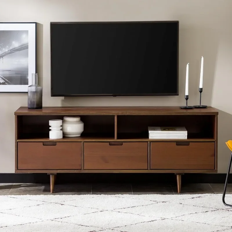 Modern Wood TV Stand para sala de estar, tela plana, porta do armário, armazenamento para entretenimento, 3 gavetas, meados do século, até 65"