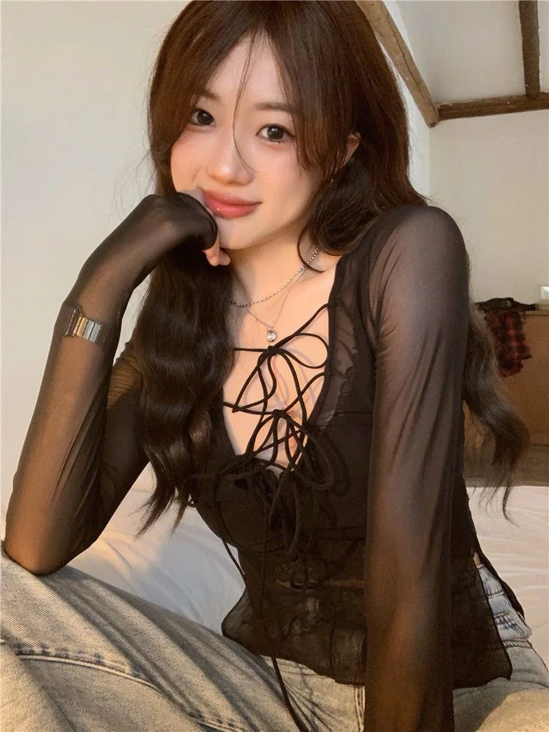 

Lace Up V-neck Transparent Black Mesh Shirt Women One Layer See Through Sexy Dance Top Slim Fit Bodycon Sheer Cropped Top Slit