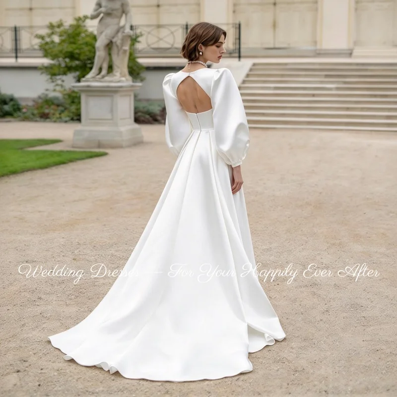 Elegant Satin A Line Wedding Dress  Square Neck Puff Long Sleeve Backless Draped Bridal Gown Vestidos De Novia Customized