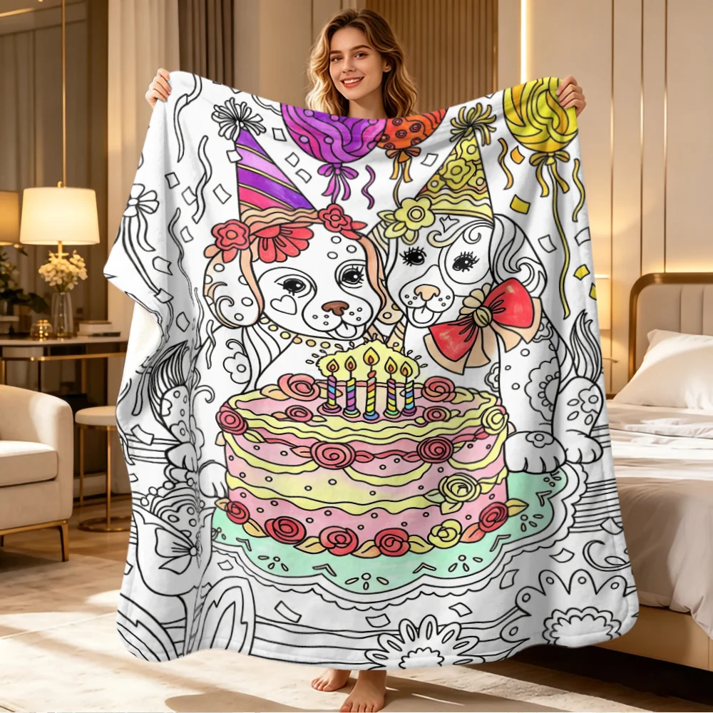 2D Flat Printed Blanket - A Coloring Stress-Relief Hand-Painted Style Blanket, All-Season Universal Blanket - Birthday Party Spo