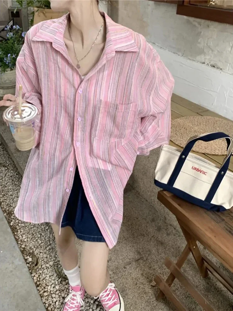 الكورية أزياء القطن الكتان فضفاضة المناسب المرأة طويلة الأكمام قميص الحماية من الشمس الربيع كسول نمط الرجعية المرأة قميص مخطط