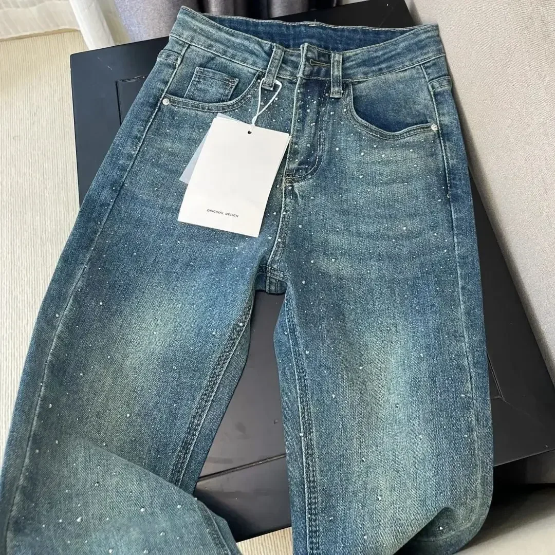 Pop Retro Washed Diamond-encrusted Jeans Women's Spring Design Sense High-waisted Straight-leg Pants Loose Wide-leg Mopping Pant