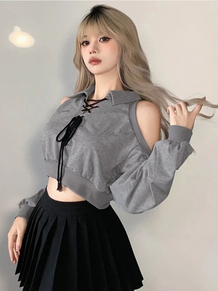 Deeptown Y2K Vintage Gray Cropped Hoodies Women Harajuku Sexy Off Shoulder Sweatshirts Korean Loose Casual Chic Tops Gothic Kpop