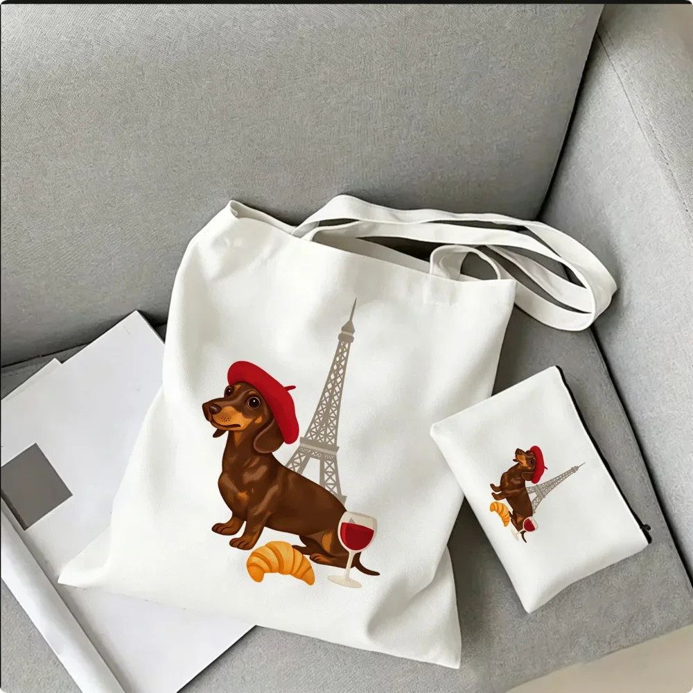 French Dachshund Tote Bag Daily Shopping Shoulder Handbag Cute Dog Paris Eiffel Tower Print Aesthetic Cafe Vacation Travel Purse