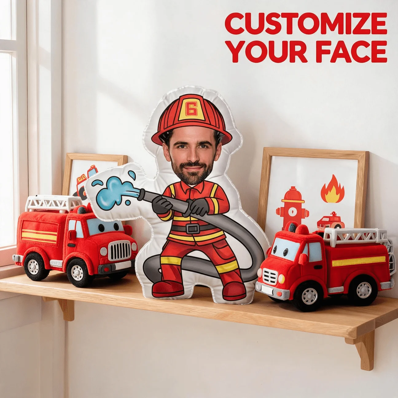 Custom Firefighter Photo Pillow Personalized Face On Cartoon Fireman Uniform Unique Sofa Couch Decorative Cushion Funny Gift
