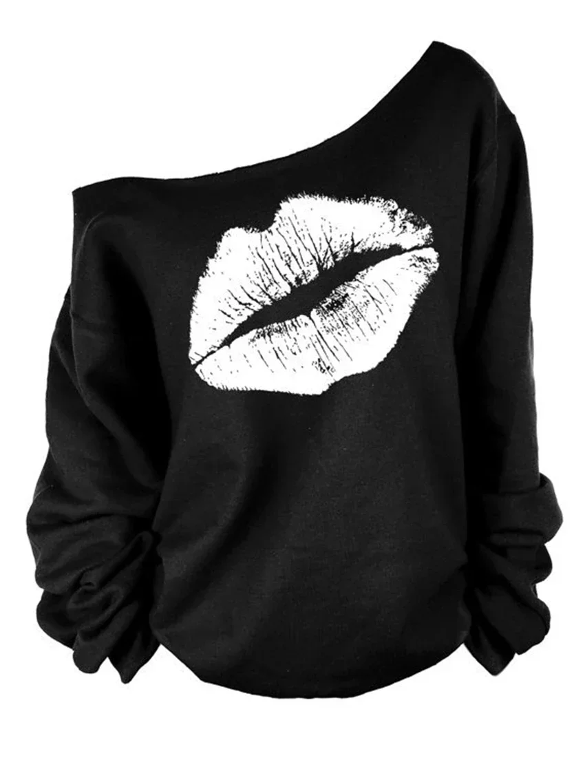 One Shoulder Hoodies Winter Women Printed Big Lips Fashion Thick Hoodie Pullover Sweatshirt Couple Women Cheap Loose Clothing