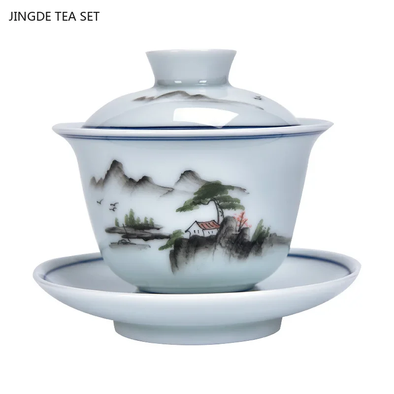 1PCS 140ml Chinese blue and white porcelain gaiwan home high-grade palace style tea maker Chinese beauty small tea bowl