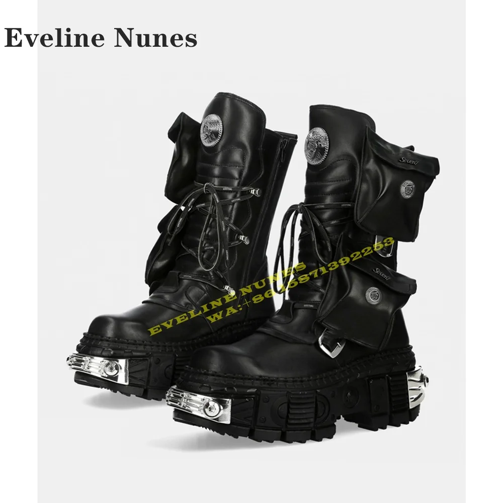 Pocket Platform Cross Tied Cyberpunk Motorcycle Boots Round Toe Thick Sole Metal Decoration Plus Size Couple Shoes 2024 Winter