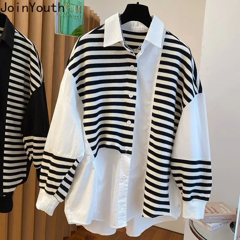 2023 Women Clothing Patchwork Fake Two Sweatshirts Contrast Color Striped Casual Y2k Tops Fashion Korean Oversized Hoodies 7L706