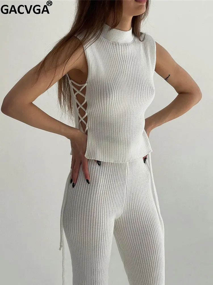 

GACVGA Sexy Hollow Out Knitted Pant Suits Women Crochet Tank Top And Wide Led Pants Casual Streetwear Ladies Two Piece Set