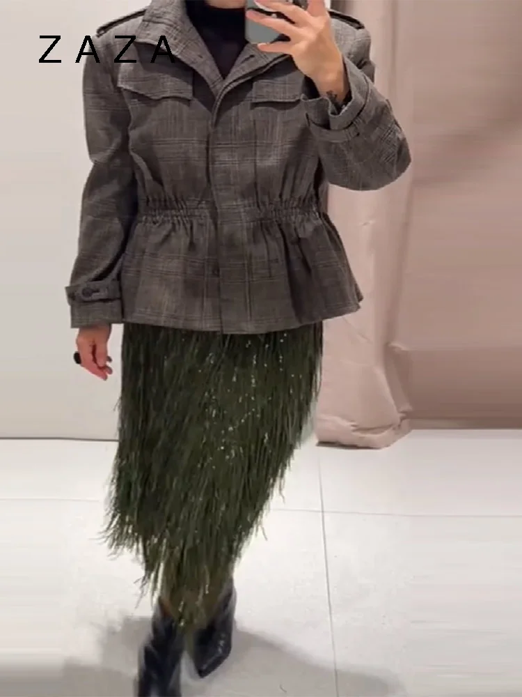 Zaza Chic fiesta vacaciones falda con borlas verdes para mujer paquete de cintura baja faldas de hierba de imitación a la cadera 2025 nueva señora prendas de vestir de calle
