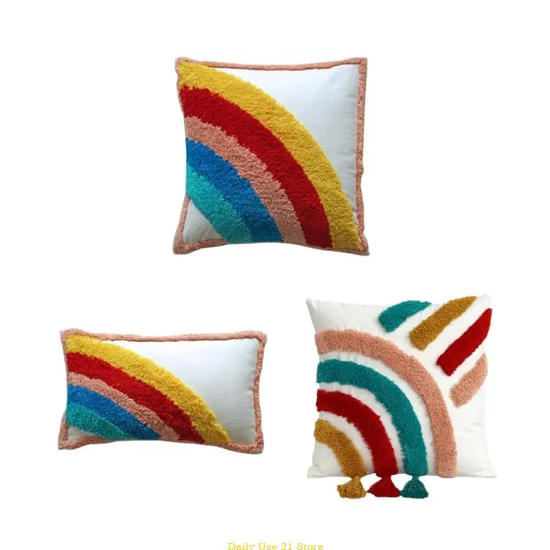 

Bohemian Rainbow Throw Pillow Cover Tufted Tassel Pillowcases for Farmhouse Bed