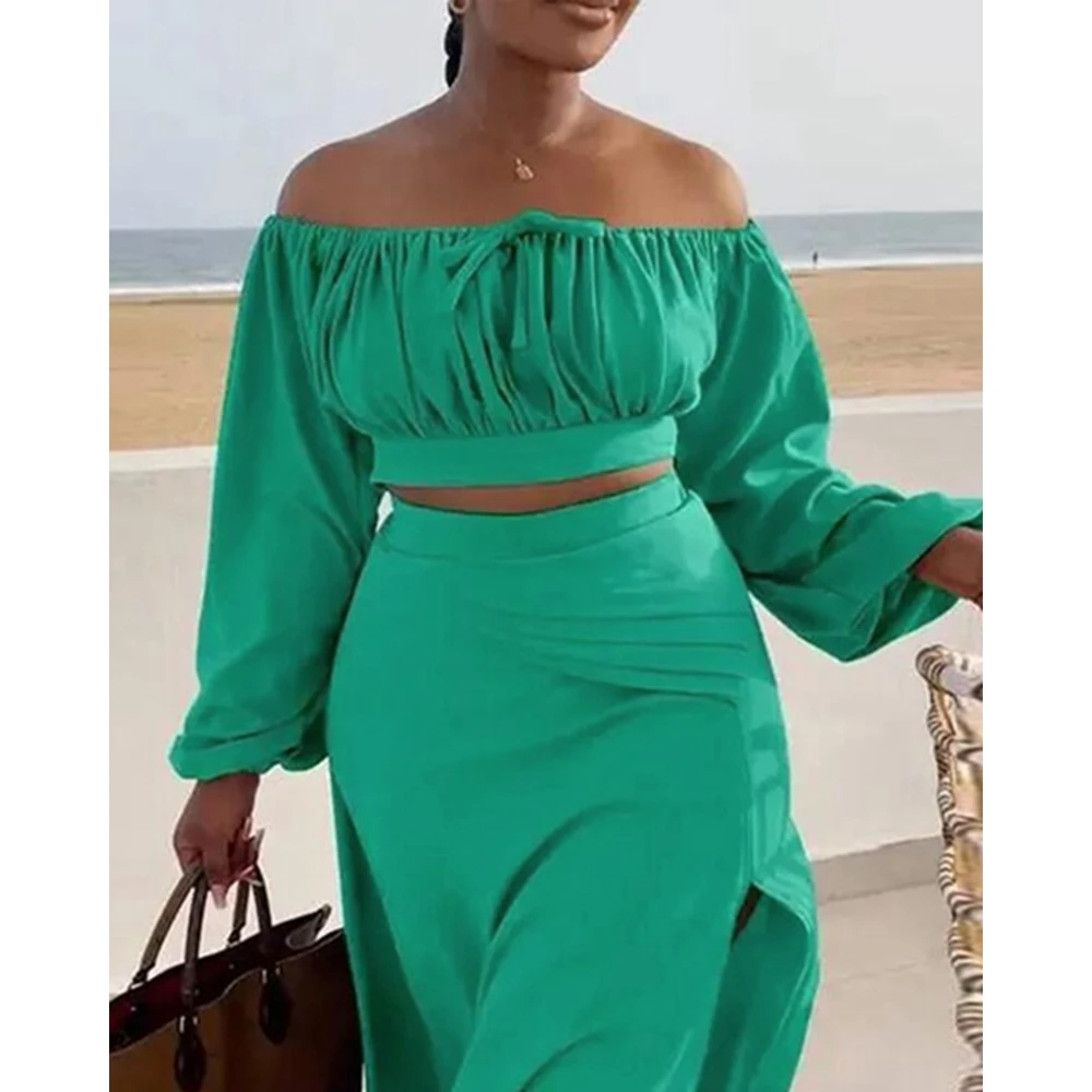 Women Autumn Ruched Lantern Sleeve Off Shoulder Crop Top & Side Slit Maxi Skirt Set Long Sleeve Two Pieces Dress Set Outfits