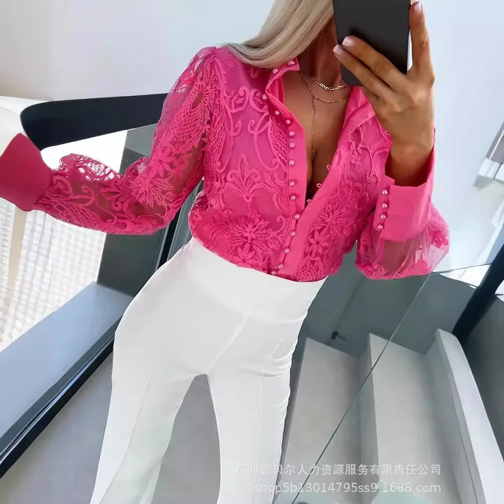 Pearls Decor Buttoned Lace Top Women Solid Color See Trough Long Sleeve Blouse Shirt Tops Summer Fashion Casual