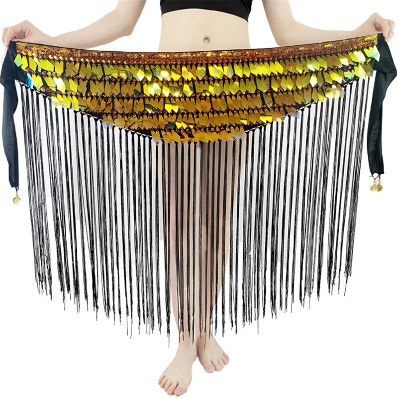 50JB Belly Dance Fringe Hip Scarf Festival Sparkling Sequins Tassels Skirt Shinning Glitter Skirts Waist Chain for Women