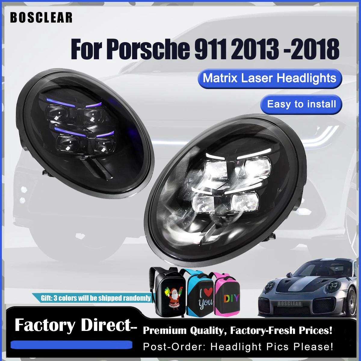 2pcs LED Headlight For Porsche 911 2013 2014 2015-2018 Headlamp Assembly 911 Modified New LED Daytime Running Lens Plug and play