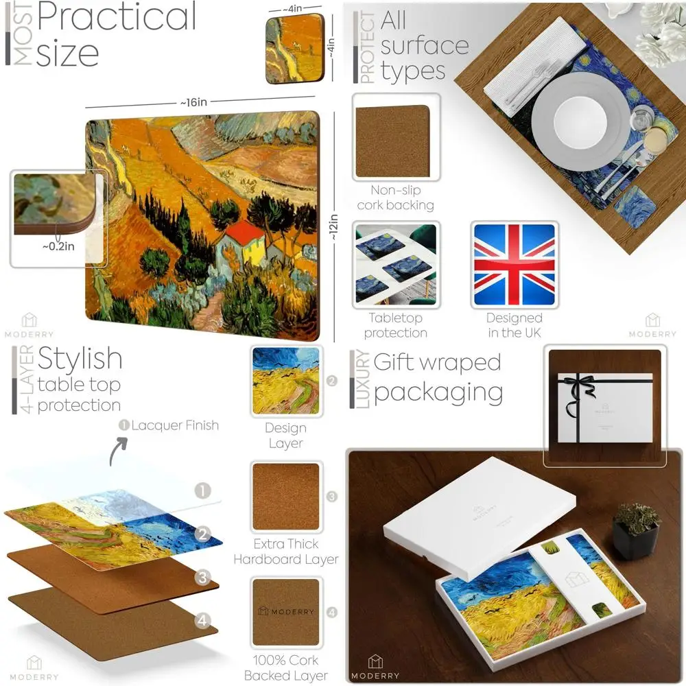 

Набор из 4 термостойких пробковых подставок для тарелок с подходящими подставками для напитков, с изображением Ван Гога, 16x12 дюймов