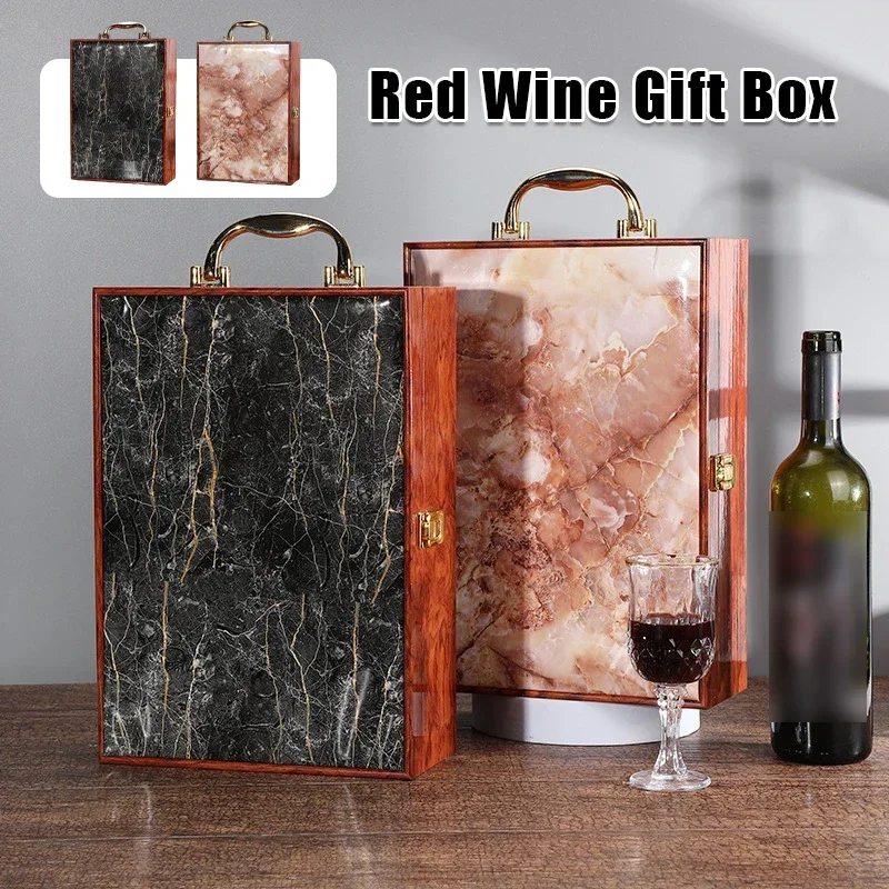

Retro Wooden Wine Box Luxury Marble Pattern Double Red Wine Box Organizer Champagne Storage Gift Box Bottle Packag With Handle