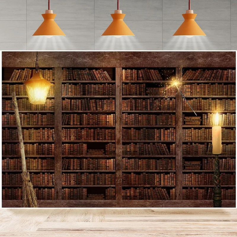 Wizard Magic Bookshelf Photography Backdrop Halloween Bookcase Dress Up Ancient Library Background Party Backdrop Wall Banner