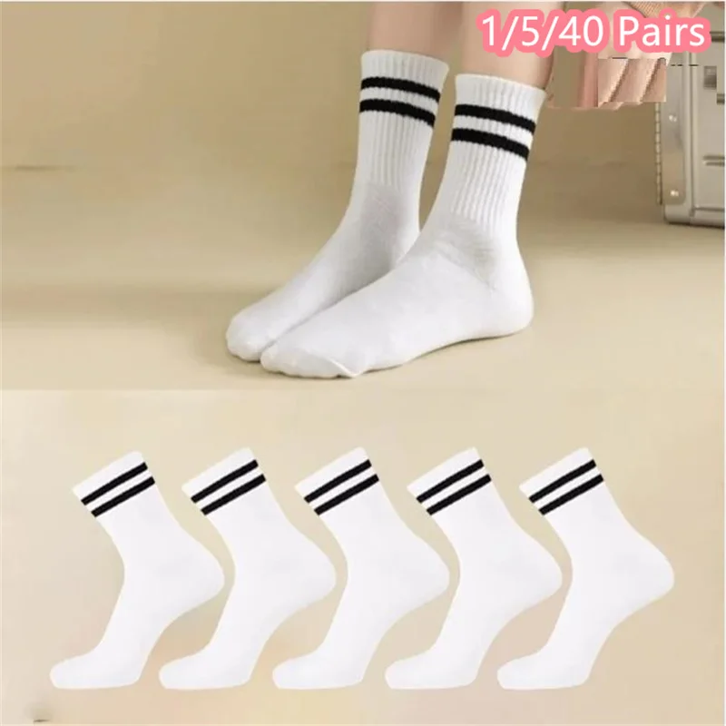 1/5/40 paires femmes hommes chaussettes mi-longues couleur unie rayure parallèle à la mode sport absorbant la sueur chaussettes de haute qualité
