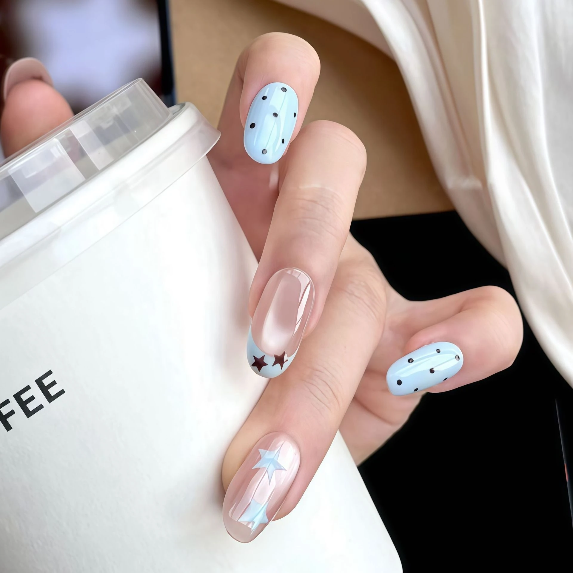 Press On Nails Cute Pink Blue Color Block Polka Dot Star Resin Tips for Women Daily Wear Party Photo Styling Durable