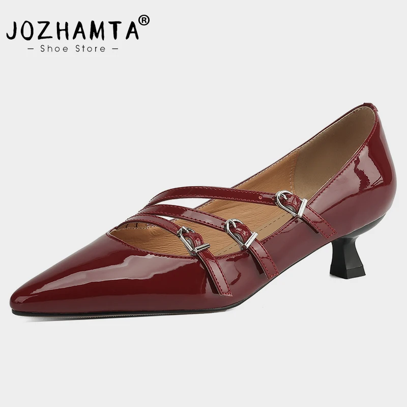 JOZHAMTA Ins Fashion Women Pumps Elegant Genuine Leather Sexy Pointy Toe Mid Heels Shoes Spring Party Office Dress Size 34-40