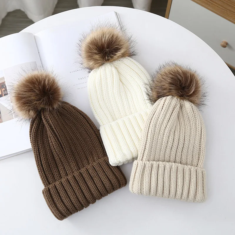 

Winter Kids Hats For Girls Boys Big Pompom Thick Warm Knitted Hat For Adults Children Classic Unisex Pullover Parent Child Caps
