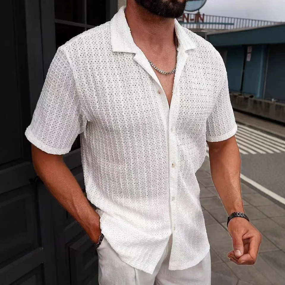 Chemise Décontractée à Manches Courtes Pour Homme - Col Rabattu, Coupe Ample, Tissu Confortable