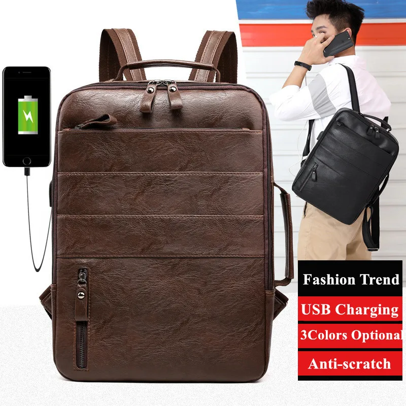 Mochilas impermeáveis de couro PU para homens, mochila portátil de grande capacidade, mochila de carregamento USB, mochila de viagem masculina