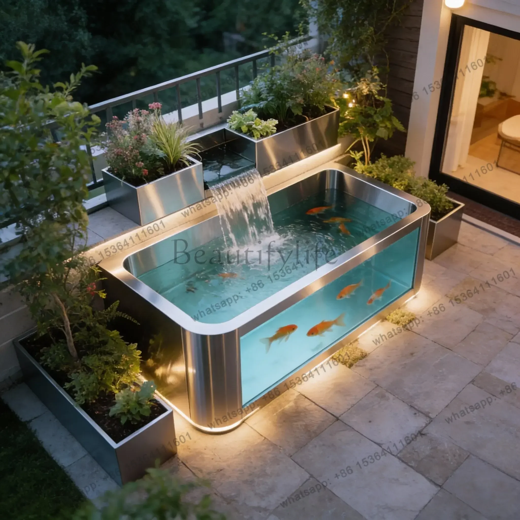 FG POutdoor Glass Fish Tank Stainless Steel Courtyard Landscaping Flowing Water Waterfall Circulation Water Feature Goldfish Tan