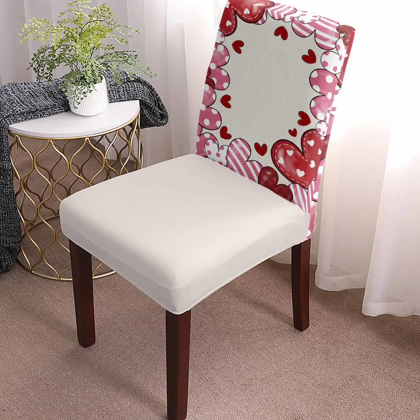 Valentine'S Day Polka Dot Hearts Chair Cover Set Kitchen Stretch Spandex Seat Slipcover Home Decor Dining Room Seat Cover