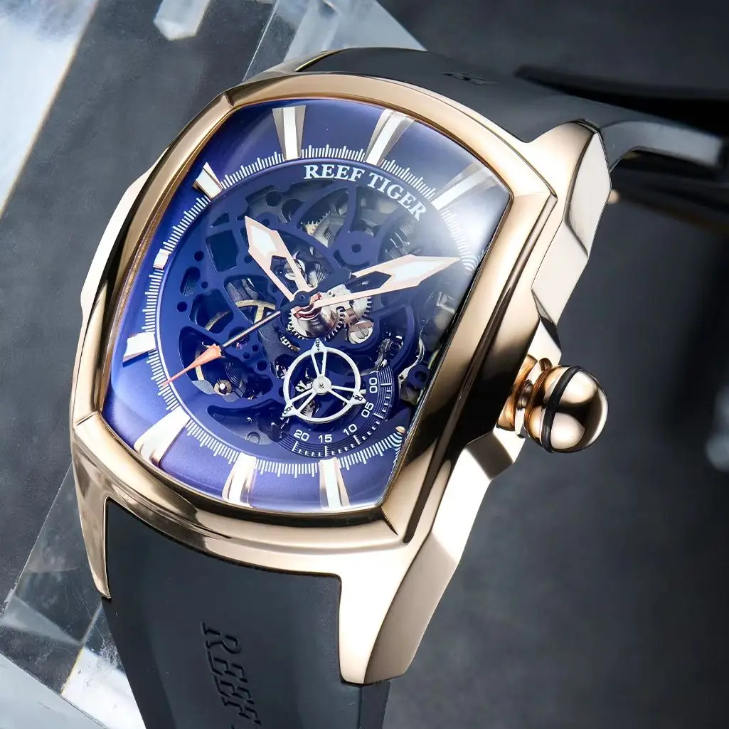 Reef Tiger Men Automatic Watch Tonneau Mechanical Wristwatch Sport Skeleton Dial Luminous Bubble Dial Small Second Dial Sport