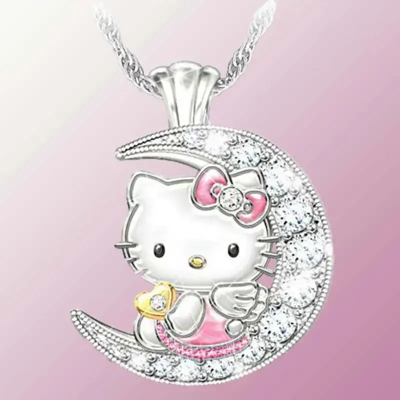 Hello Kitty Fashion Necklace for Women Diamond Inlaid Crystal Jewelry Cute Cartoon Animal Pendant Birthday Party Gift