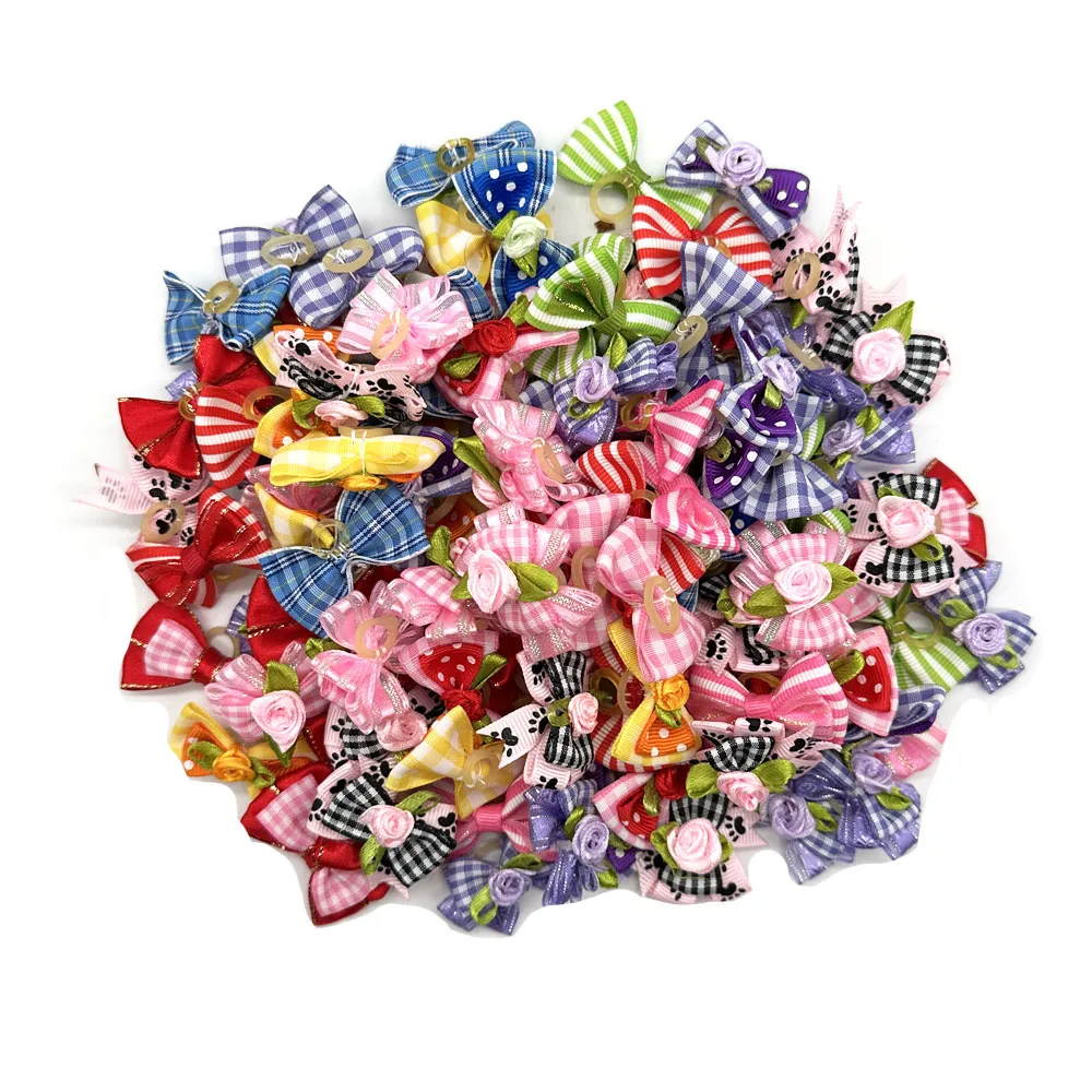 50/100pcs New Spring Pet Hair Bows Flower Style Rubber Bands Dog Bows Pet Hair Bows Dog Hair Accessories Pet Grooming Topknot