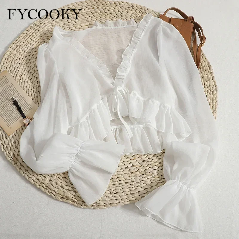 Chemise en mousseline de soie à volants pour femme, cardigans à col en V, manches évasées froncées, crème solaire, solide, mince, doux, été, 2025