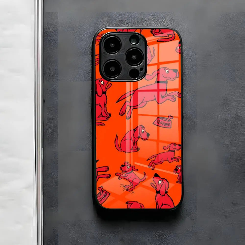 Cartoon Clifford The Big Red Dog Phone Case For IPhone 17 Air 16 E Pro Max 15 14 13 Mini 12 Pro 11 Max Plus Black Glass Cover - view 3