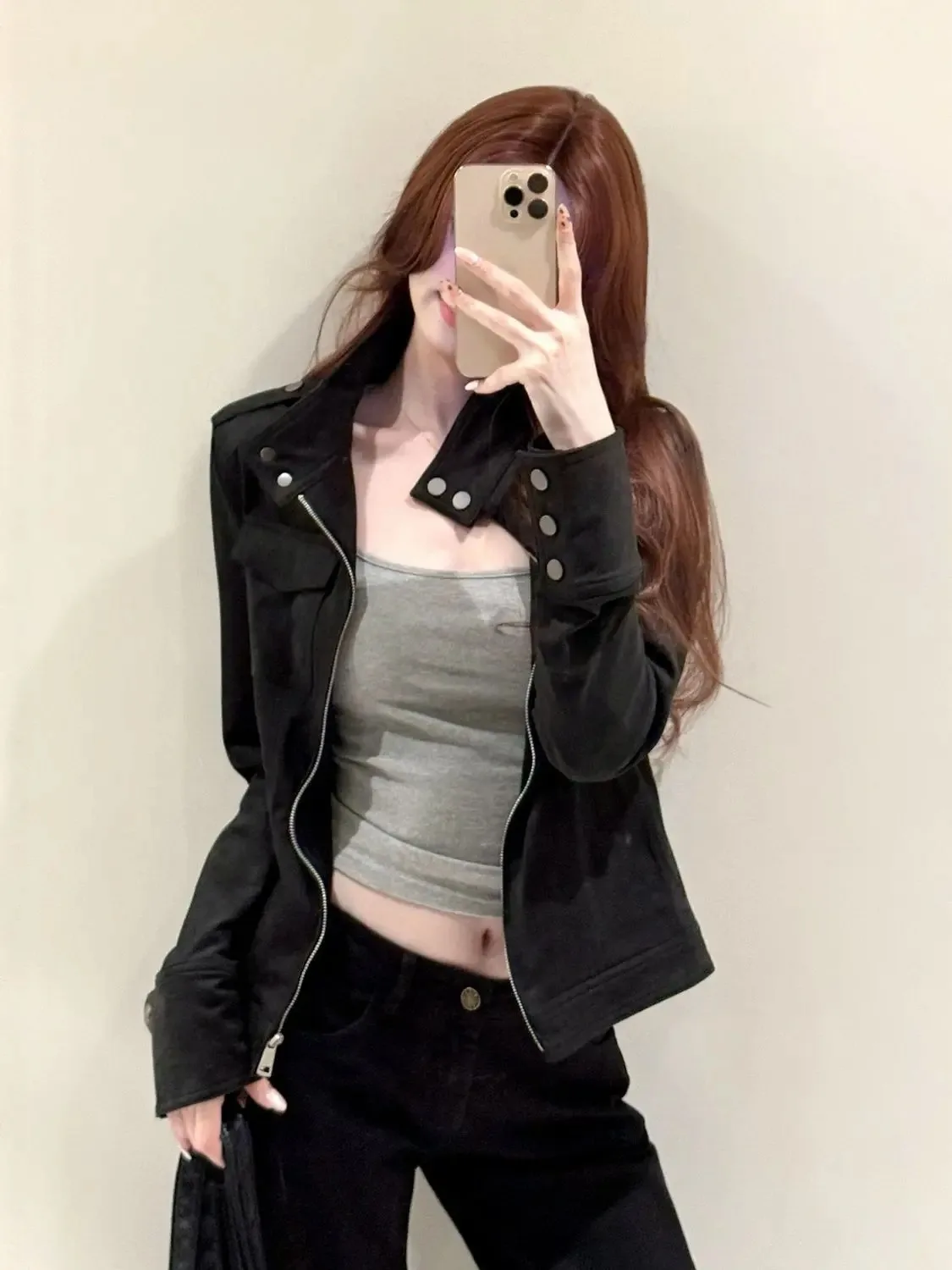 

Black Suede Jacket For Women 2025 Ropa Mujer Stand Neck Slim Fit Coats Crop Tops Fashion Casual Zipper Outerwear Vintage Tops