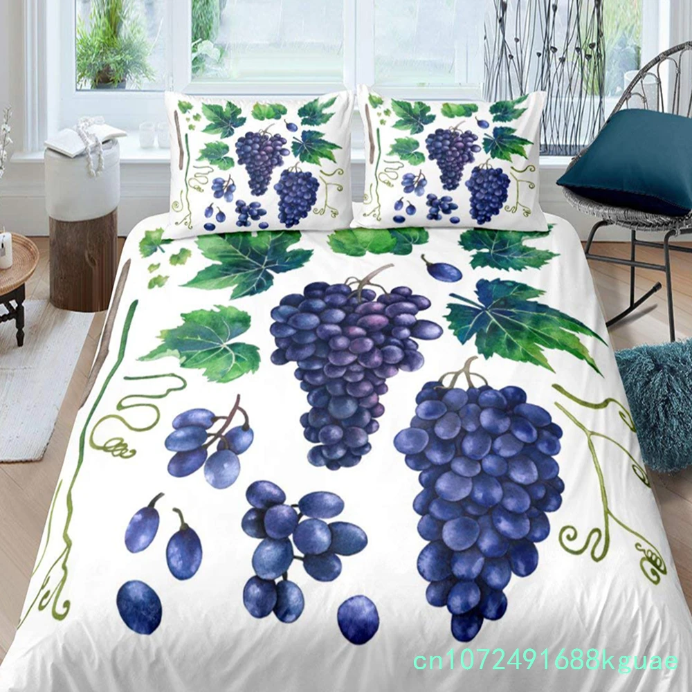 Purple Grape Comforter Cover Summer Fruit Duvet Cover Grapevine Leaves Plant Bedding Set Natural Garden Themed Quilt Cover