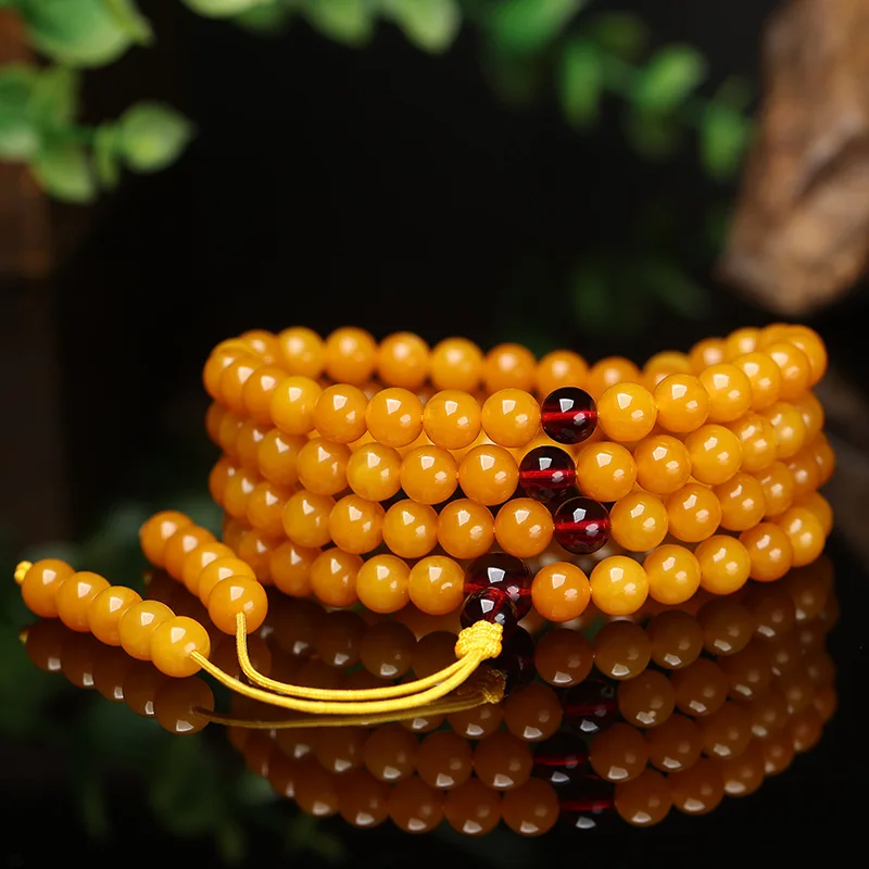 

Live Supply Chicken Oil Yellow Old Beeswax108Beads Amber Round Bead Multi-Layer Bracelet for Men and Women Necklace