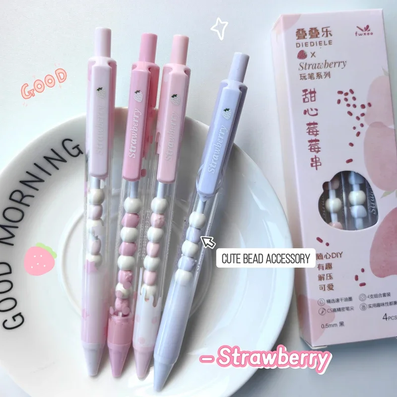 4PCS/Set Sweet Strawberry Gel Pen For Students Creative DIY Bead Gel Ink Pen