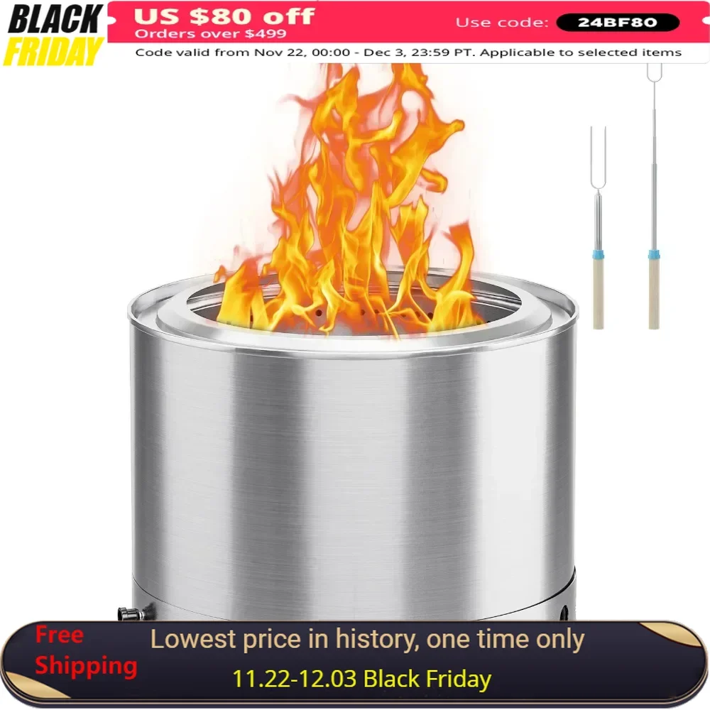 19.5 inch Low Smoke Fire Pit Outdoor Personal Fireplace Portable Waterproof Cover and Roasting Stickers Outdoor TablewareBBQ