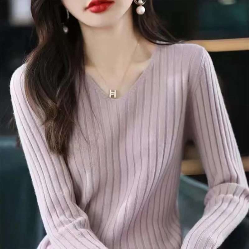 Women's Clothing Elegant All-match Long Sleeve V-neck Sweaters Autumn Winter New Fashion Loose Solid Knit Pullover Lady Chic Top