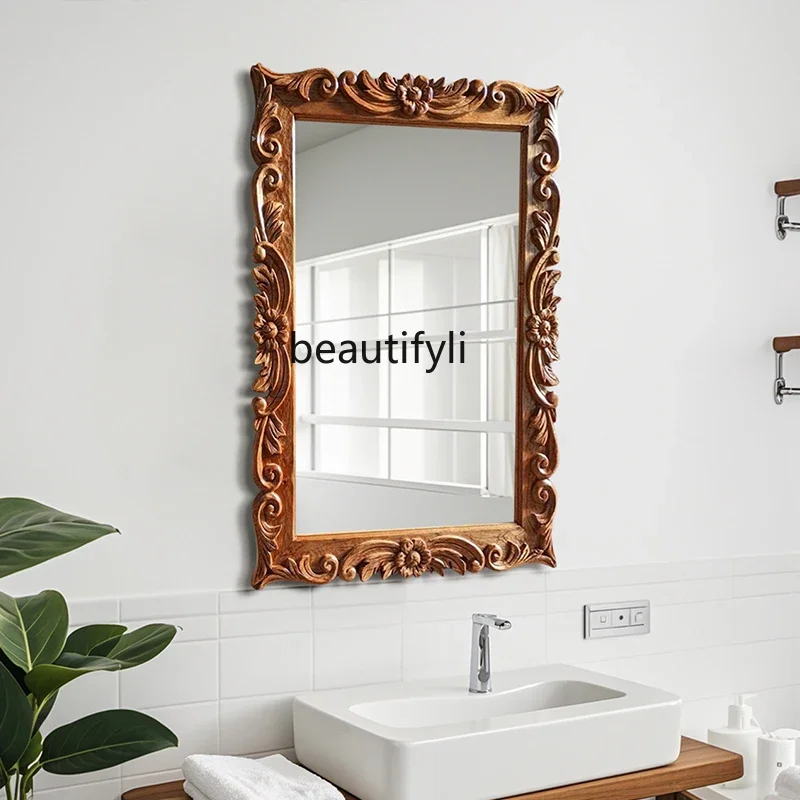 

A26 French bathroom mirror toilet decorative mirror square retro carved wall hanging decorative mirror