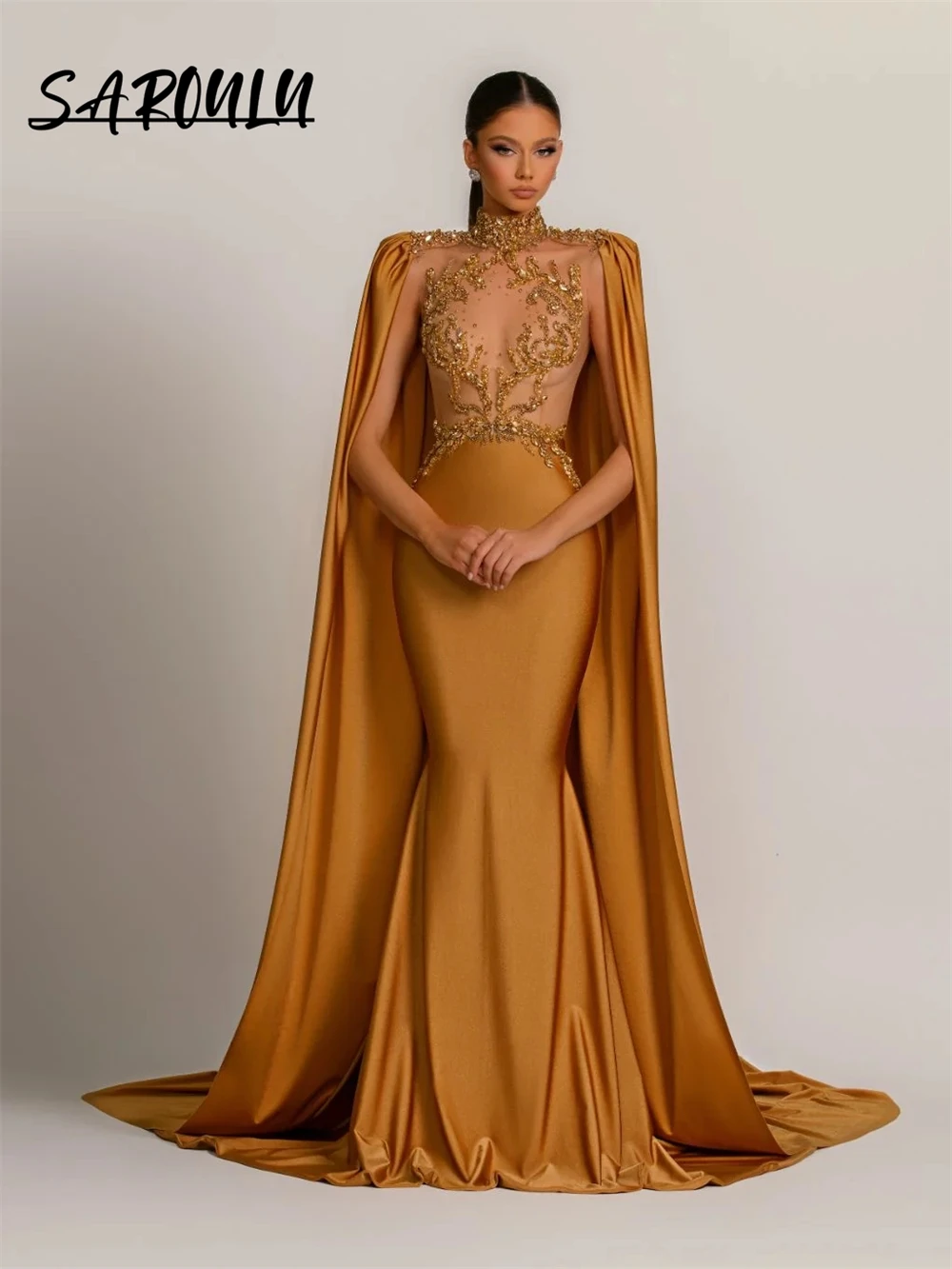 Luxury Hand-sewn Beaded Prom Dress Satin Cape Long Sleeves High Neck Illusion Rhinestones Long Maxi Evening Dresses Plus Size