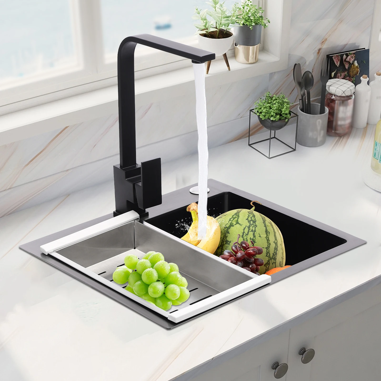 Black Grey  Kitchen Sink Stainless Steel Single Bowl Sink Workstation with Rotating Faucet Drop In Kitchen Sink With Accessories