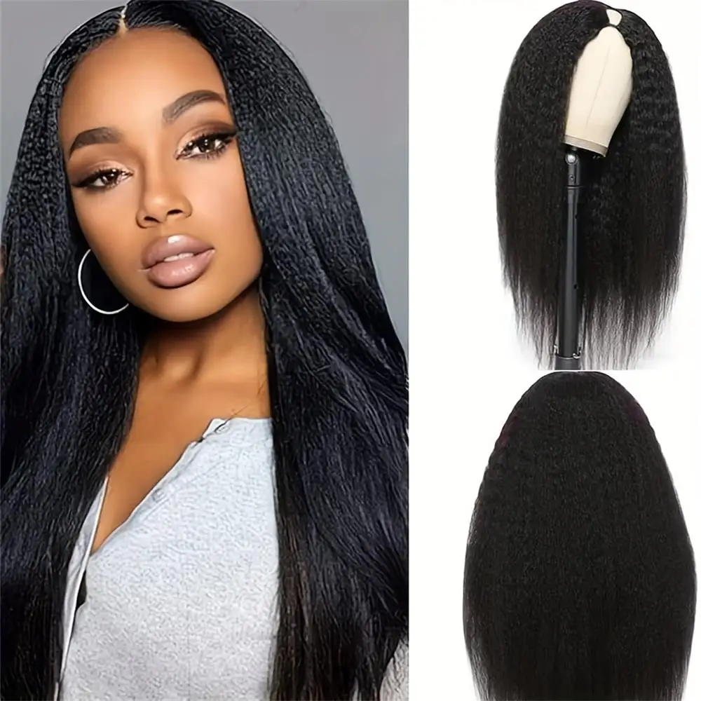 V Parte Peruca Cabelo Humano Yaki Straight Glueless Wig para Mulheres Briazilian Remy Hair Upgrade U Parte Peruca Sem Cola Sem Deixar Para Fora Yaki Wig