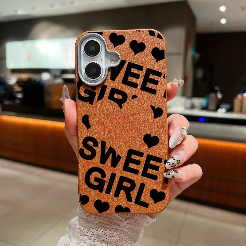 Sweet Girl Love Heart Case For iPhone 11 12 13 14 15 Pro Max SE Luxury Leather Texture Soft Silicone Cover For iPhone 16 Pro Max