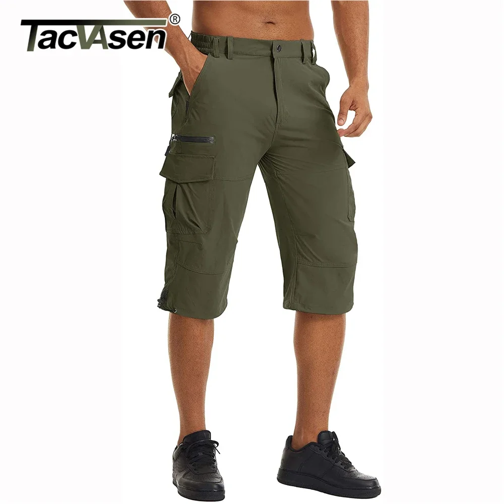 TACVASEN Men's Cargo Work Shorts Quick Dry 3/4 Length Capri Pants Multi-pockets Knee Length Trousers Summer Board Beach Shorts