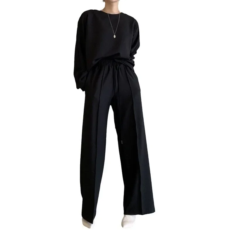 ربيع الخريف المرأة طويلة الأكمام البلوز مرونة الخصر بنطال ذو قصة أرجل واسعة قطعتين مجموعة أزياء عارضة الرياضة البدلة